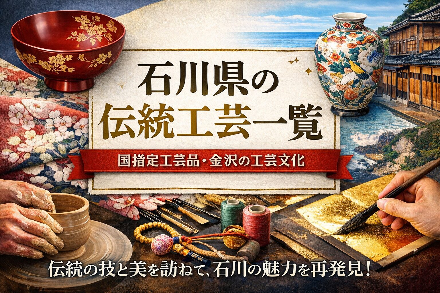 石川県の伝統工芸（九谷焼・輪島塗・加賀友禅・金沢箔など）を紹介するイメージ画像