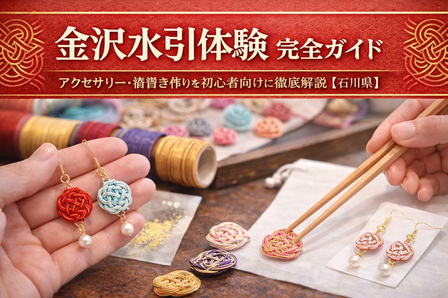 金沢水引体験で作られたカラフルな水引アクセサリーや箸置き作品が並ぶ初心者向け体験イメージ