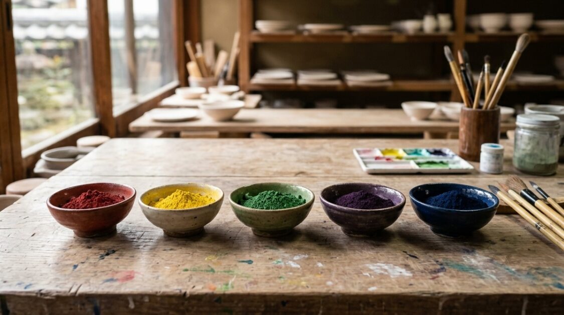 九谷五彩の5色の顔料（赤・黄・緑・紫・紺青）が並ぶ工房の作業台