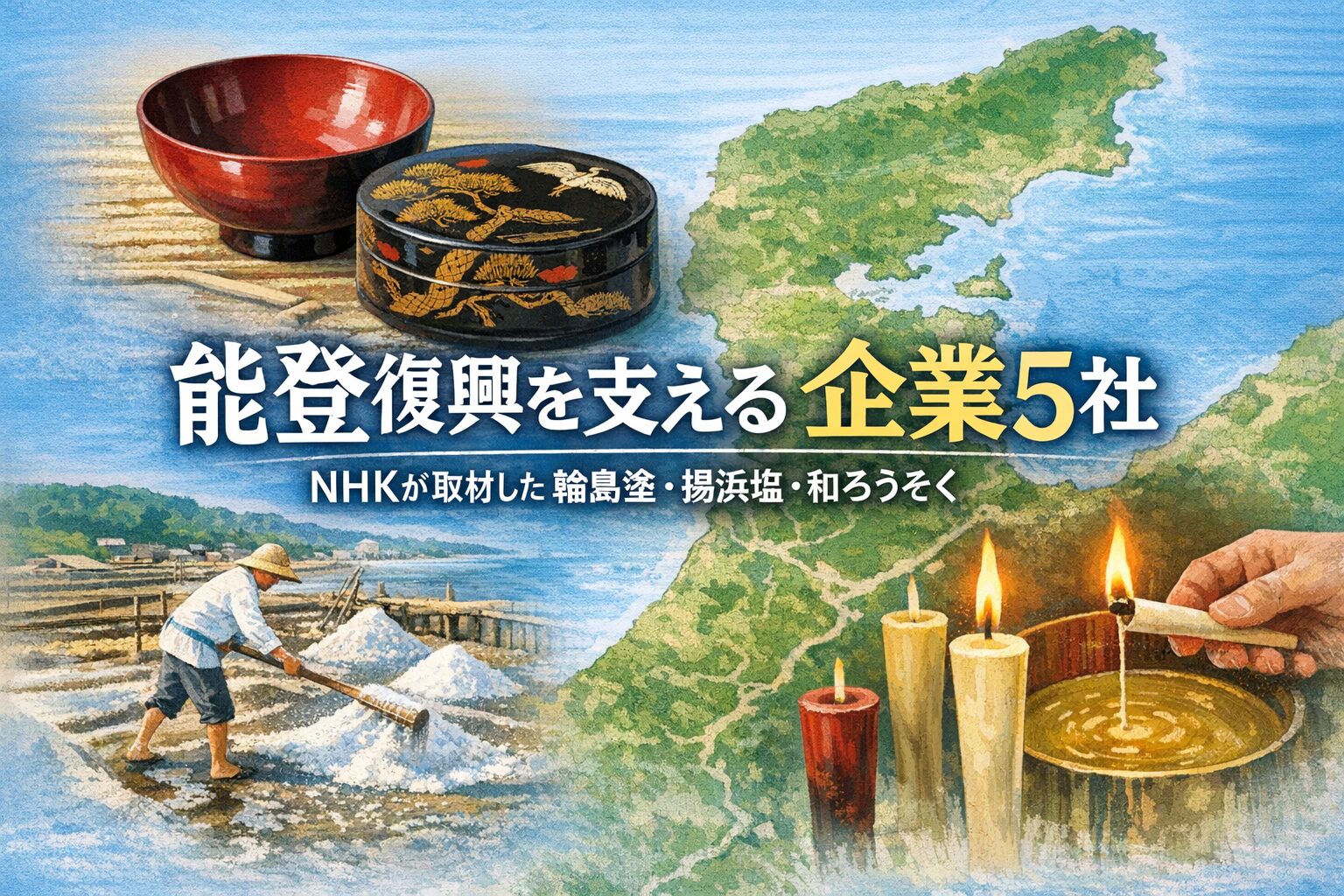 能登半島の地図を背景に、輪島塗の椀・蒔絵の重箱・揚浜式塩田の作業風景・和ろうそくを描いたアイキャッチ画像。能登復興を支える企業5社を紹介する記事のメインビジュアル。