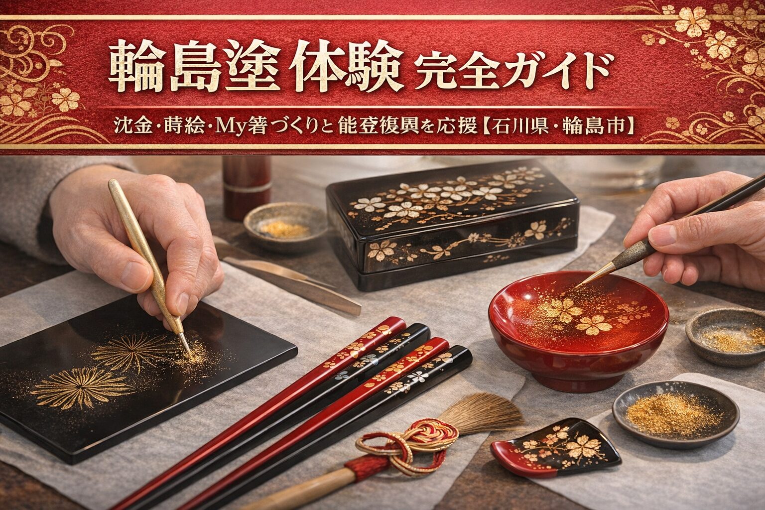 輪島塗の蒔絵や沈金の装飾体験で箸や器に金粉を施す制作風景イメージ