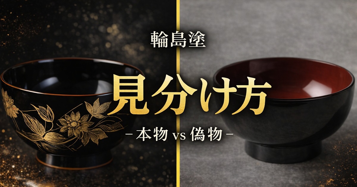 輪島塗の本物（左・蒔絵加飾あり）と偽物（右・シンプルな塗り物）を並べた比較画像