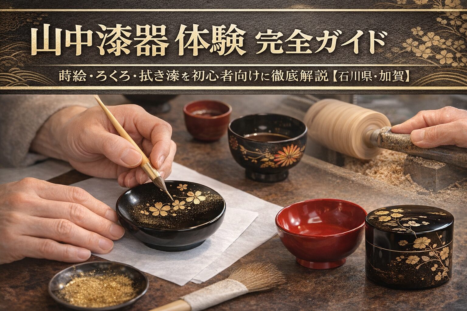 山中漆器の蒔絵体験で器に金粉を施している作業風景