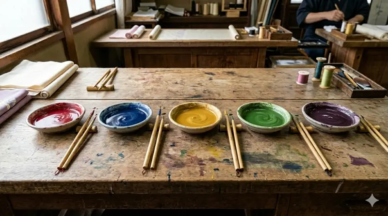 加賀五彩の5色の染料（臙脂・藍・黄土・草・古代紫）