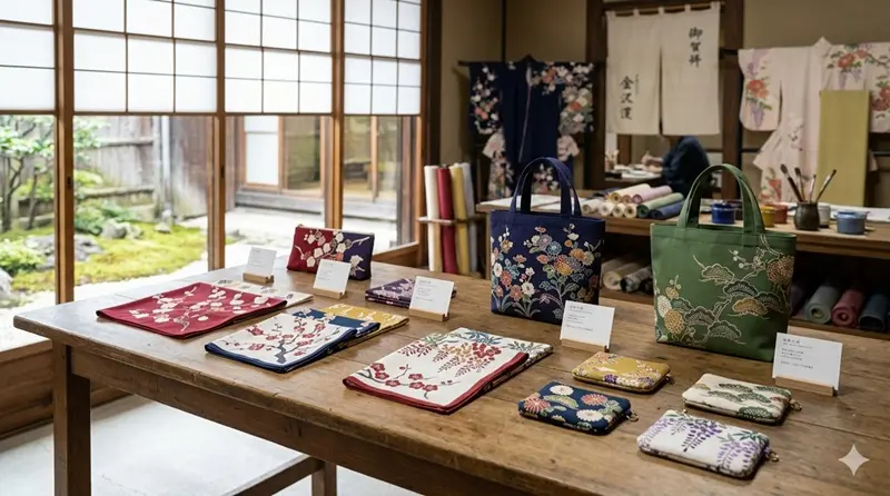 完成した加賀友禅の型染め作品。ハンカチ・巾着・トートバッグが並ぶ