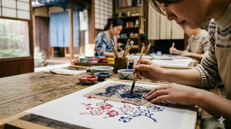 加賀友禅の型染め体験で型紙を使って布に色を染める様子