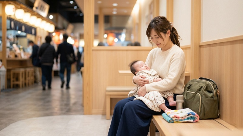 近江町市場の休憩スペースで赤ちゃんをあやす母親
