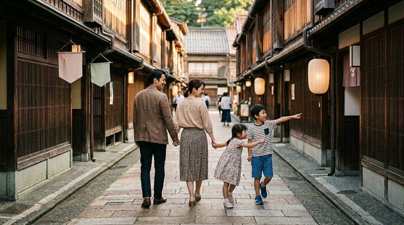 金沢の古い街並みを歩く子連れ家族4人