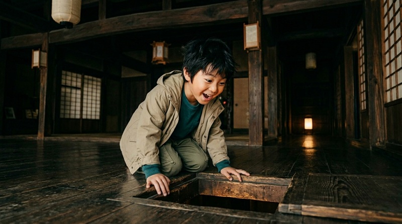 忍者寺のからくり仕掛けに驚く男の子