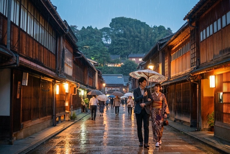 雨の夕暮れの金沢茶屋街を和傘をさして歩く着物カップル。雨の日デートにおすすめの金沢の風情ある街並み