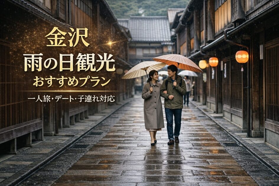 雨のひがし茶屋街を傘をさして歩くカップル。雨に濡れた石畳と格子戸が美しい金沢の風景