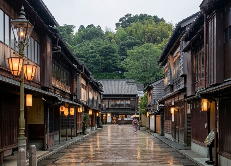 雨に濡れる金沢ひがし茶屋街。着物姿の女性が傘をさして歩く静かな雨の風景