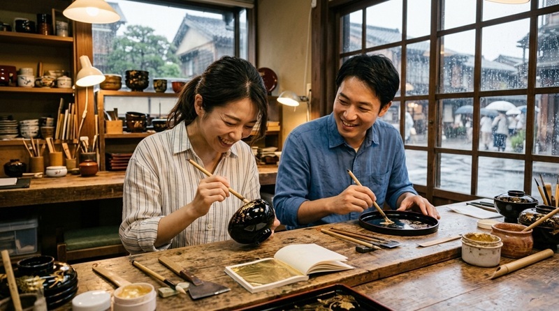 雨の日の金沢で伝統工芸体験を楽しむカップル。工房の窓から雨が見える屋内で金箔体験をして笑顔