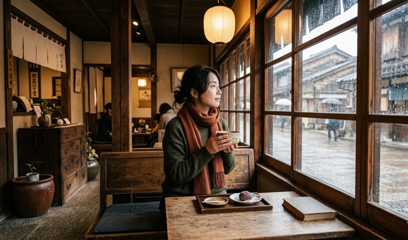 金沢の町家カフェで雨の日にひとりゆっくり過ごす女性。窓から雨の茶屋街の情景を眺める一人旅の風景