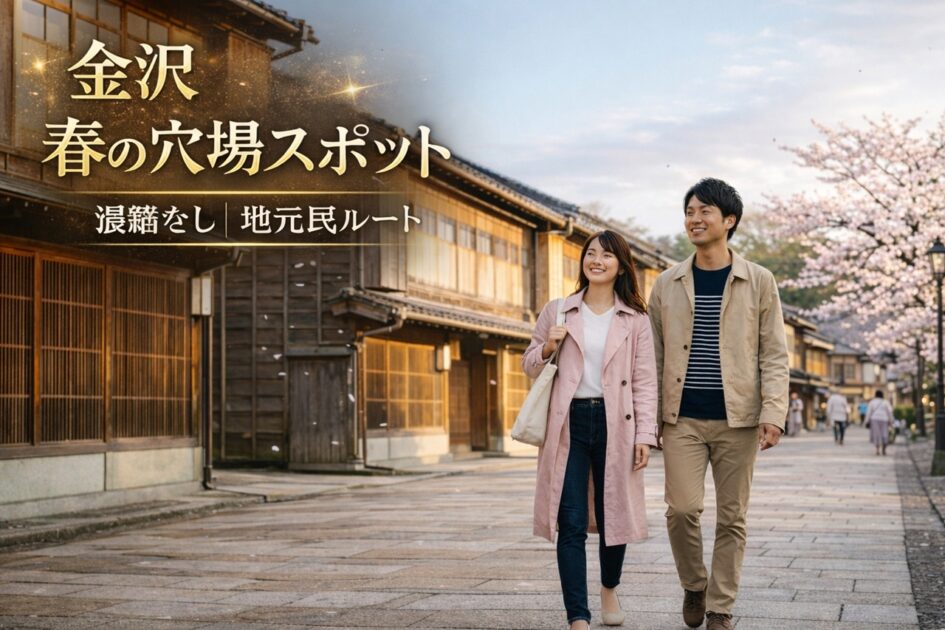 金沢・ひがし茶屋街を桜吹雪の中歩くカップル。混雑なし春の穴場観光イメージ