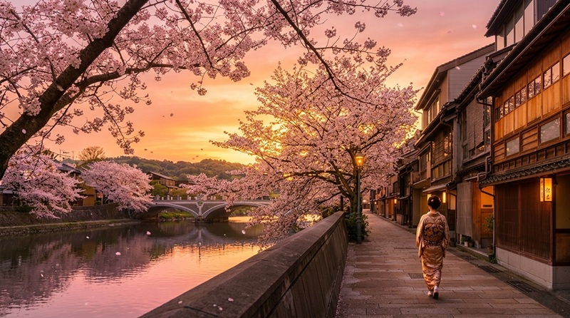 金沢・主計町茶屋街の浅野川沿いを歩く女性。桜が川面に垂れる夕暮れの静かな路地