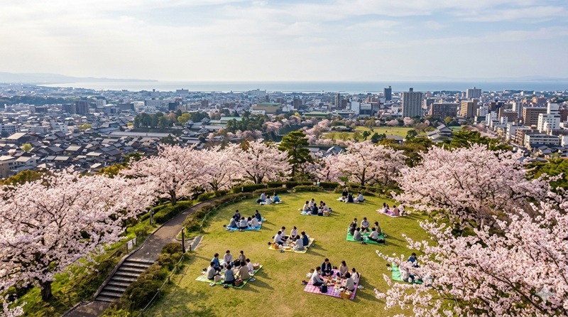 金沢・大乗寺丘陵公園の花見広場。桜の咲く芝生の丘から金沢市街地と日本海を一望する春の風景