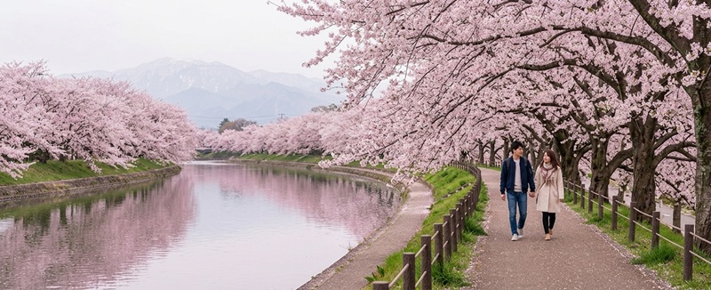 金沢・犀星のみち。犀川沿いの遊歩道に両岸の桜がトンネルのように続き、カップルが散歩している春の風景