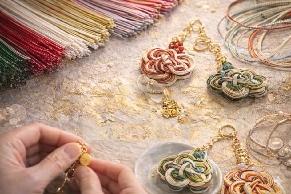 金沢の水引アクセサリー体験で制作中のカラフルな水引作品