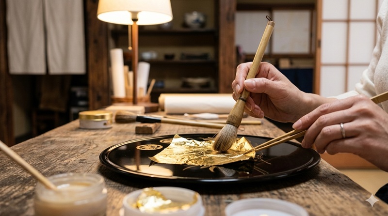 金箔貼り体験で黒い丸皿にハケで金箔を丁寧に貼り付けている手元の様子