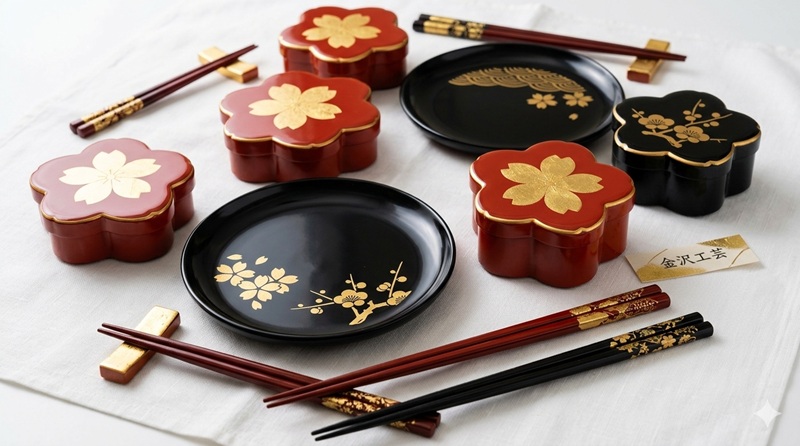 金沢の金箔体験で完成したお箸・黒い丸皿・桜小箱など金箔工芸品が白い布の上に並ぶ様子