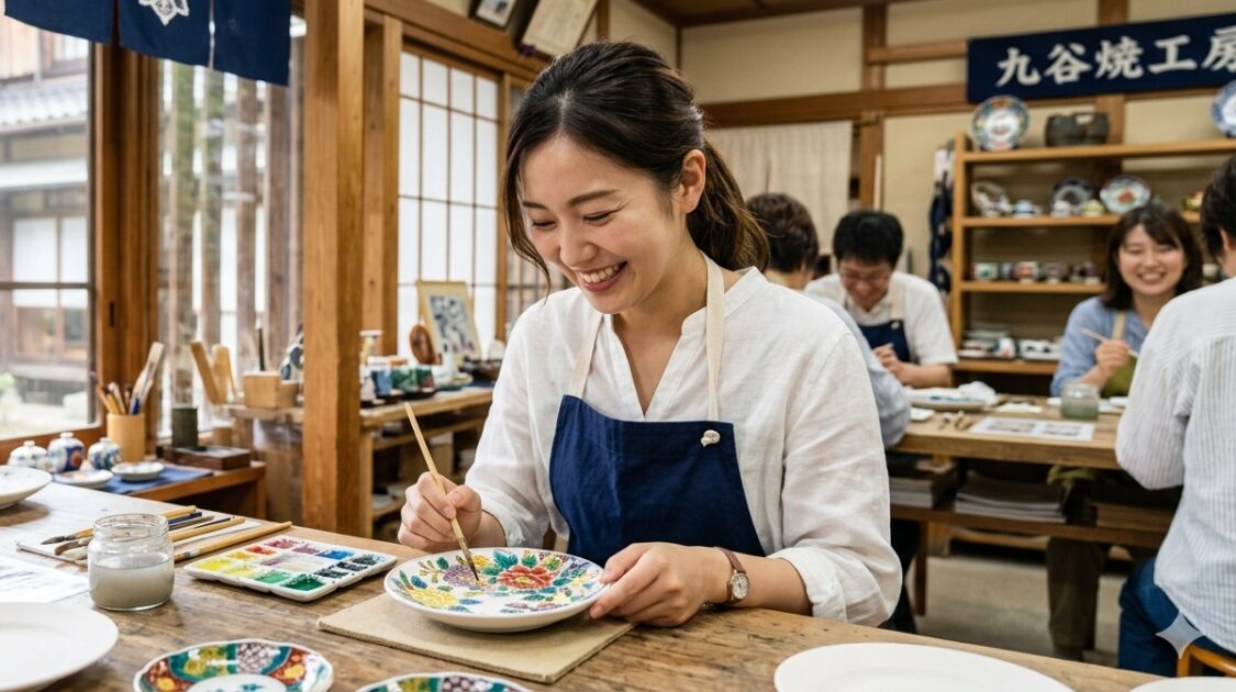 九谷焼の絵付け体験を笑顔で楽しむ観光客。工房の木のテーブルで絵付け中