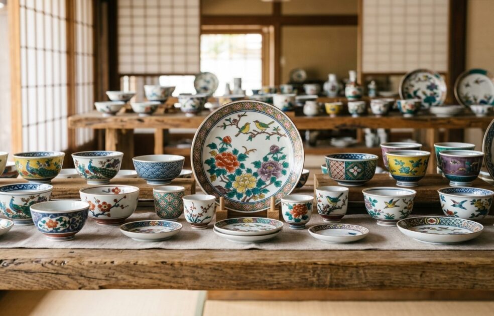 完成した九谷焼の器の展示。牡丹・鳥・幾何学文様が鮮やかな五彩で描かれた茶碗・皿・カップ