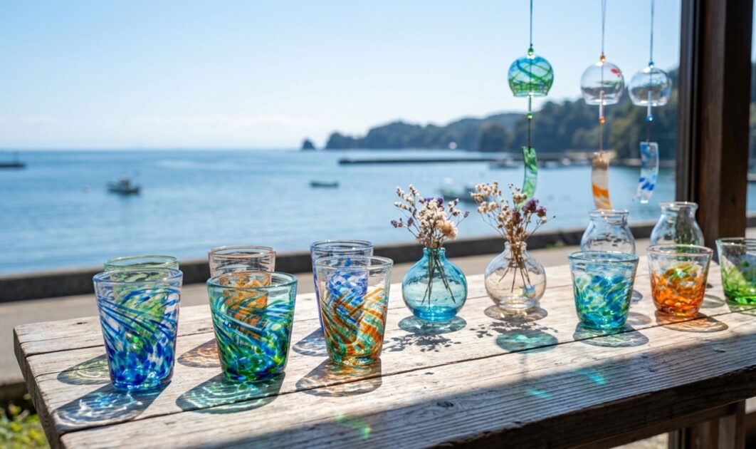 七尾湾を背景に木のテーブルに並ぶカラフルなガラス作品。風鈴や一輪挿し・グラスが光を受けて輝くのイメージ画像