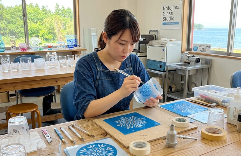 能登島ガラス工房でサンドブラスト体験をする女性。七尾湾を背景にガラスコップにデザインを彫刻しているイメージ画像