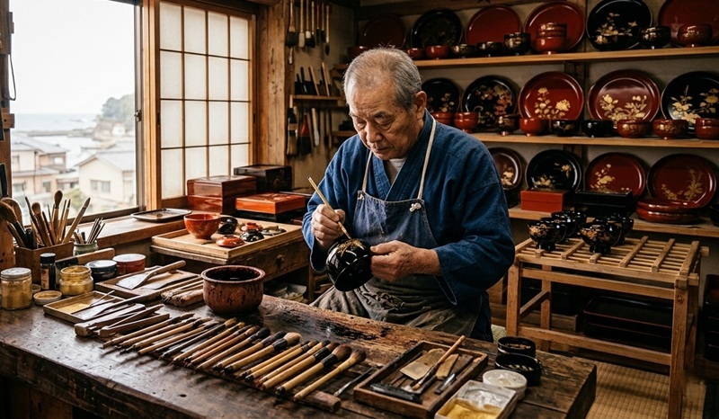 輪島市の漆工房で老職人が漆器に細工をしている様子。棚に赤・黒の輪島塗が並ぶ