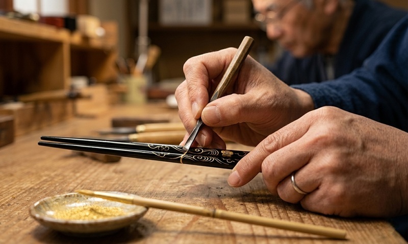 輪島塗の沈金技法で黒い漆塗り箸に専用ノミで模様を彫り込む手元と金粉皿
