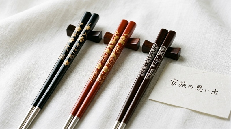 輪島塗体験で完成した黒・朱・溜の3色の漆塗り箸が「家族の思い出」カードと並ぶ