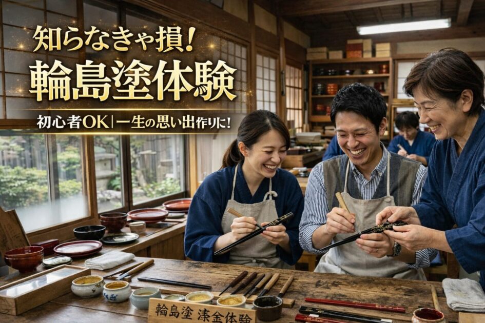 輪島塗の沈金体験工房でお箸に模様を彫るカップルに女性職人が指導している様子