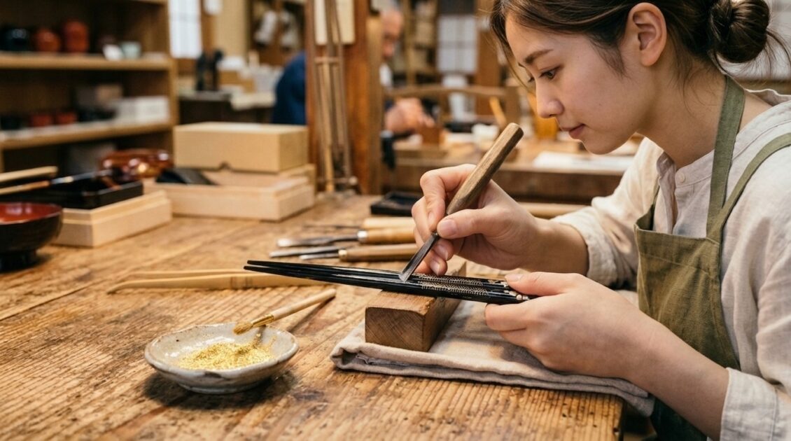 輪島塗のMy箸づくり沈金体験で黒い漆塗り箸に集中してノミを入れる女性の横顔