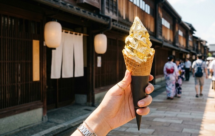 金沢名物の金箔ソフトクリーム。金箔が贅沢に乗ったインスタ映えスイーツ（箔一）