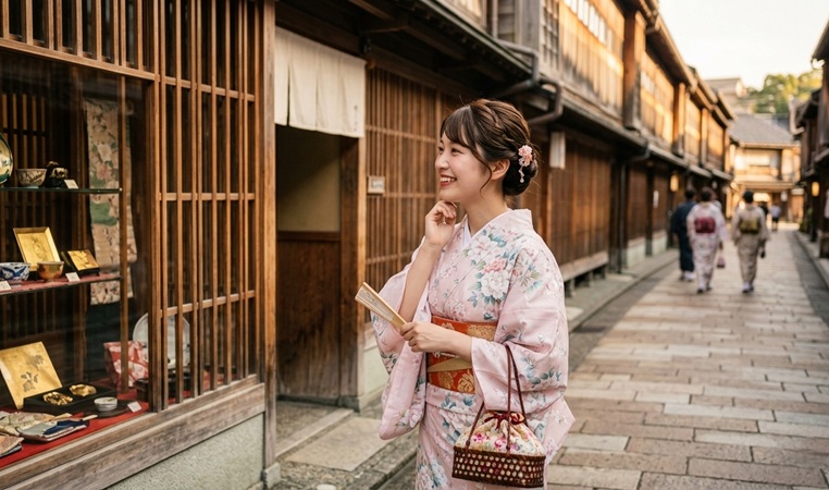 金沢・ひがし茶屋街の石畳を浴衣姿で散策する女性。金沢の夏観光の定番スポット