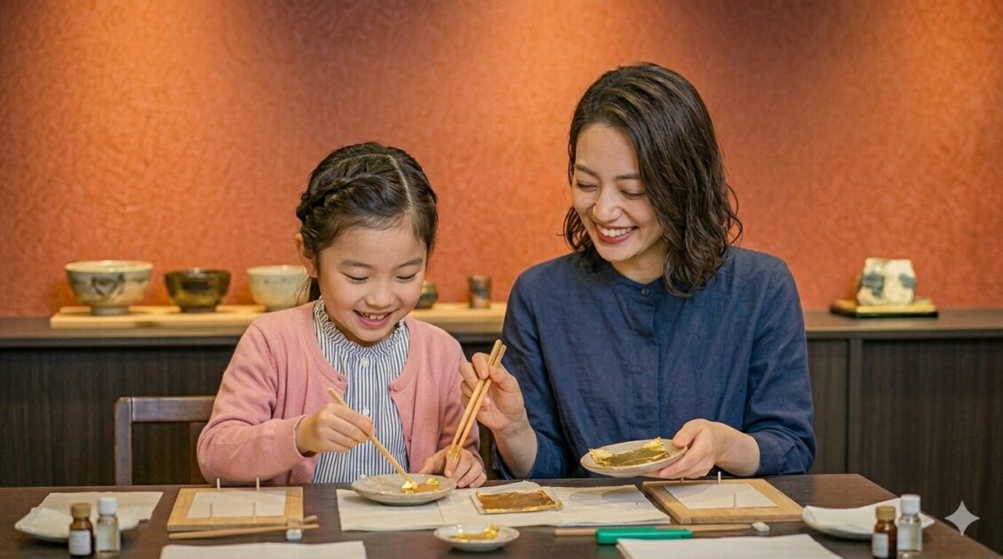 箔一本店 箔巧館での金箔貼り体験の様子。金沢市広坂にある金箔専門の体験施設