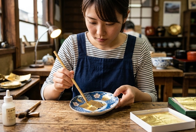 金沢の伝統工芸体験の様子。金箔貼り・加賀友禅・水引など屋内で楽しめる夏の体験