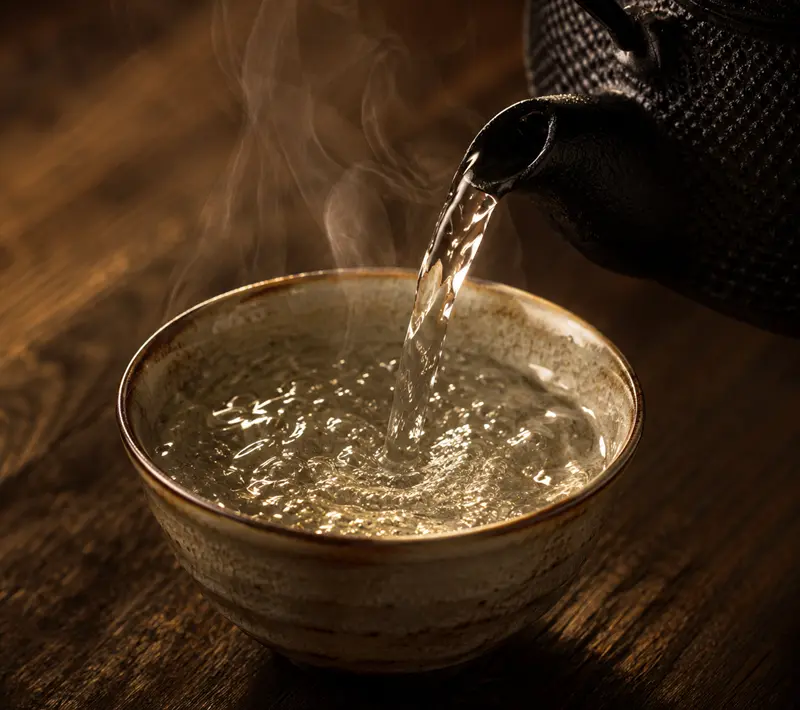 南部鉄器の鉄瓶から熱湯を茶碗に注ぐシーン（イメージ画像）