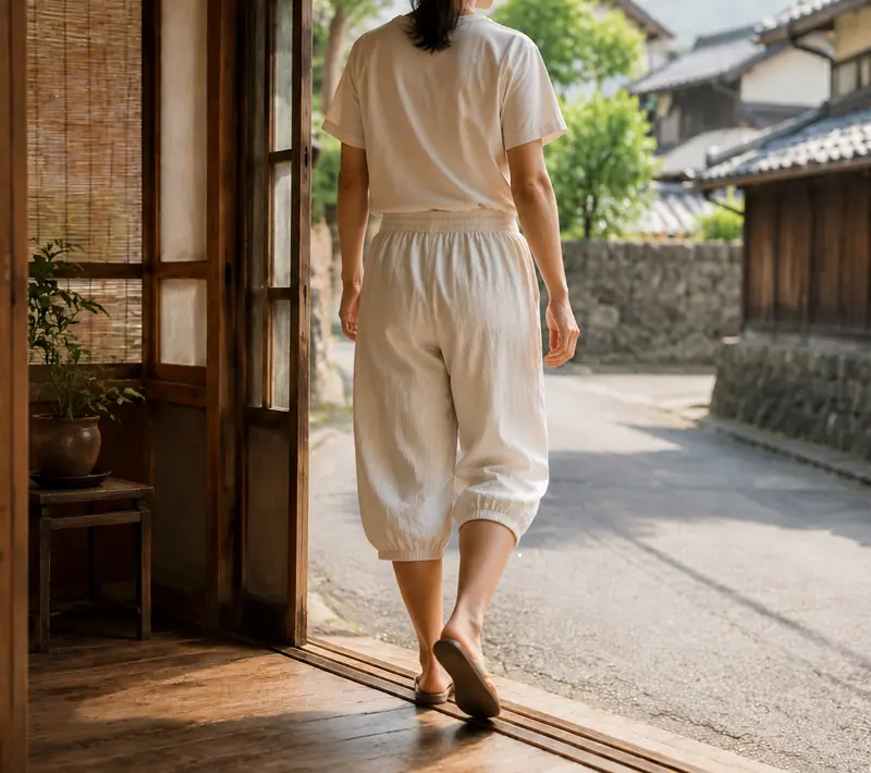 部屋着のまま気軽に外出できる現代のステテココーディネートのイメージ
