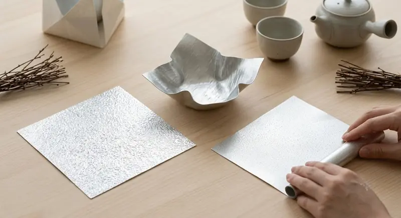 すずがみ 折り紙のように曲がる錫の板と専用道具ころで平らに戻す様子
