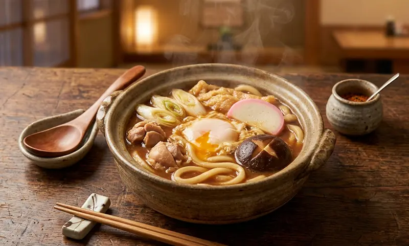 味噌ベースのもつ煮込みうどんに卵・ネギ・椎茸を添えたイメージ