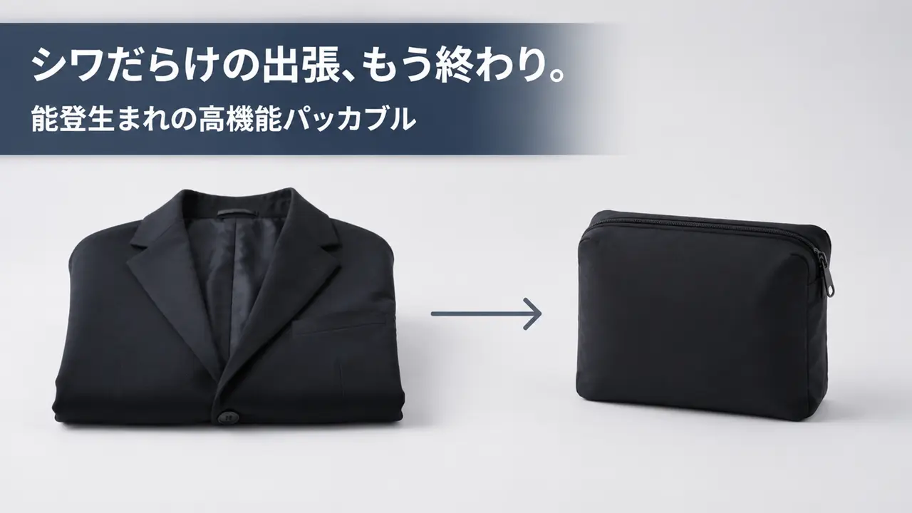 黒いNOTO SNOWパッカブルジャケットとコンパクトに収納したポーチのビフォーアフター比較イメージ