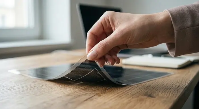 机の上で片手でめくると波打つように曲がる、薄いフィルム型の次世代太陽電池