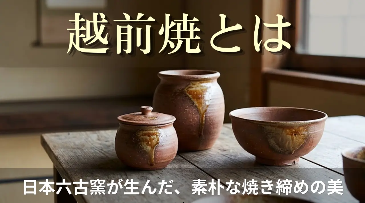 越前焼の陶器（壺・小鉢）。釉薬を使わない自然釉の茶褐色の器（イメージ）