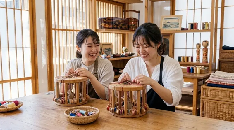 組紐体験教室で丸台を使いブレスレット作りを楽しむ女性の笑顔