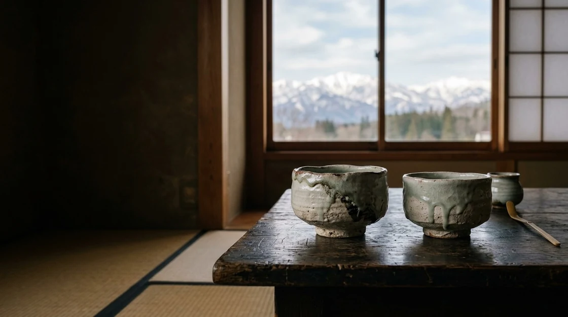 白い土に灰の釉薬が流れる越中瀬戸焼のイメージ