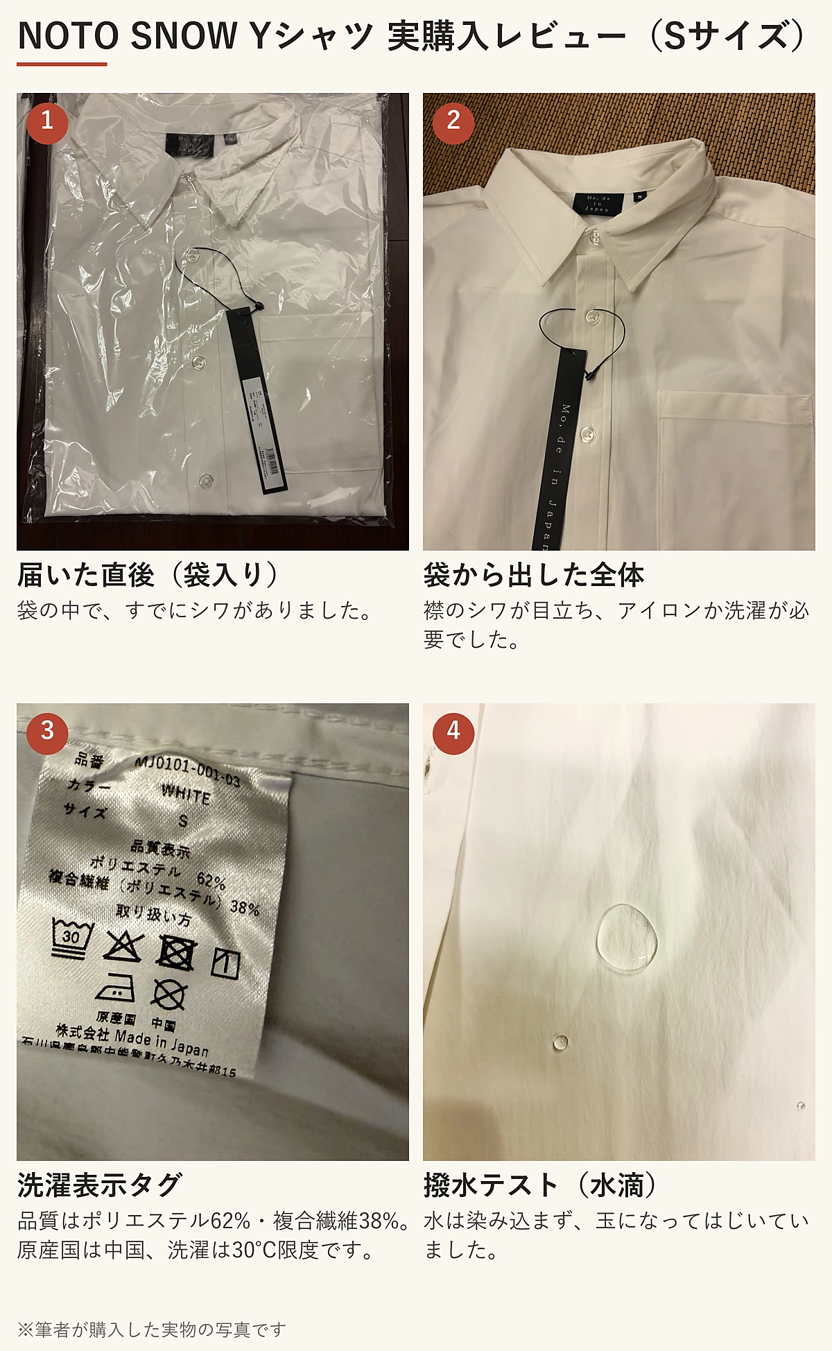 NOTO SNOW Yシャツ Sサイズ ホワイトの実購入レビュー。袋入りの状態、全体、洗濯表示タグ、水滴をはじく撥水テストの4枚